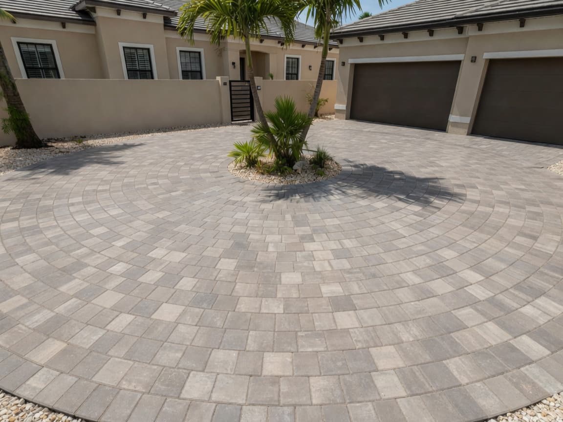Courtyard drive before modern paver sealing — dry matte multi-tone surface
