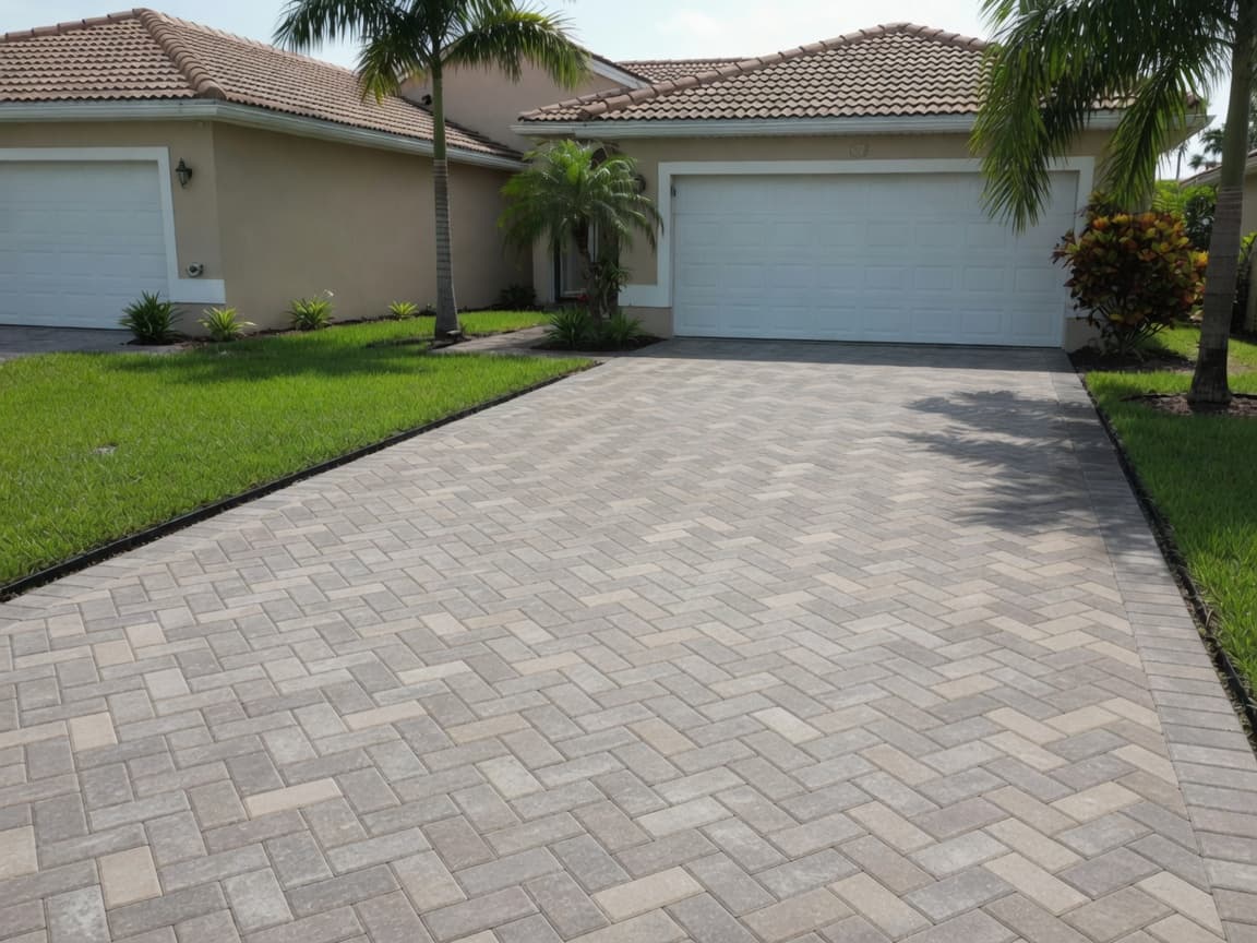 Driveway — charcoal blend before modern paver sealing — dry matte multi-tone surface