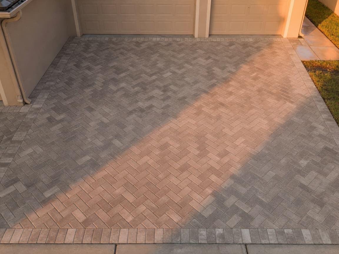 Driveway — long approach before modern paver sealing — dry matte multi-tone surface