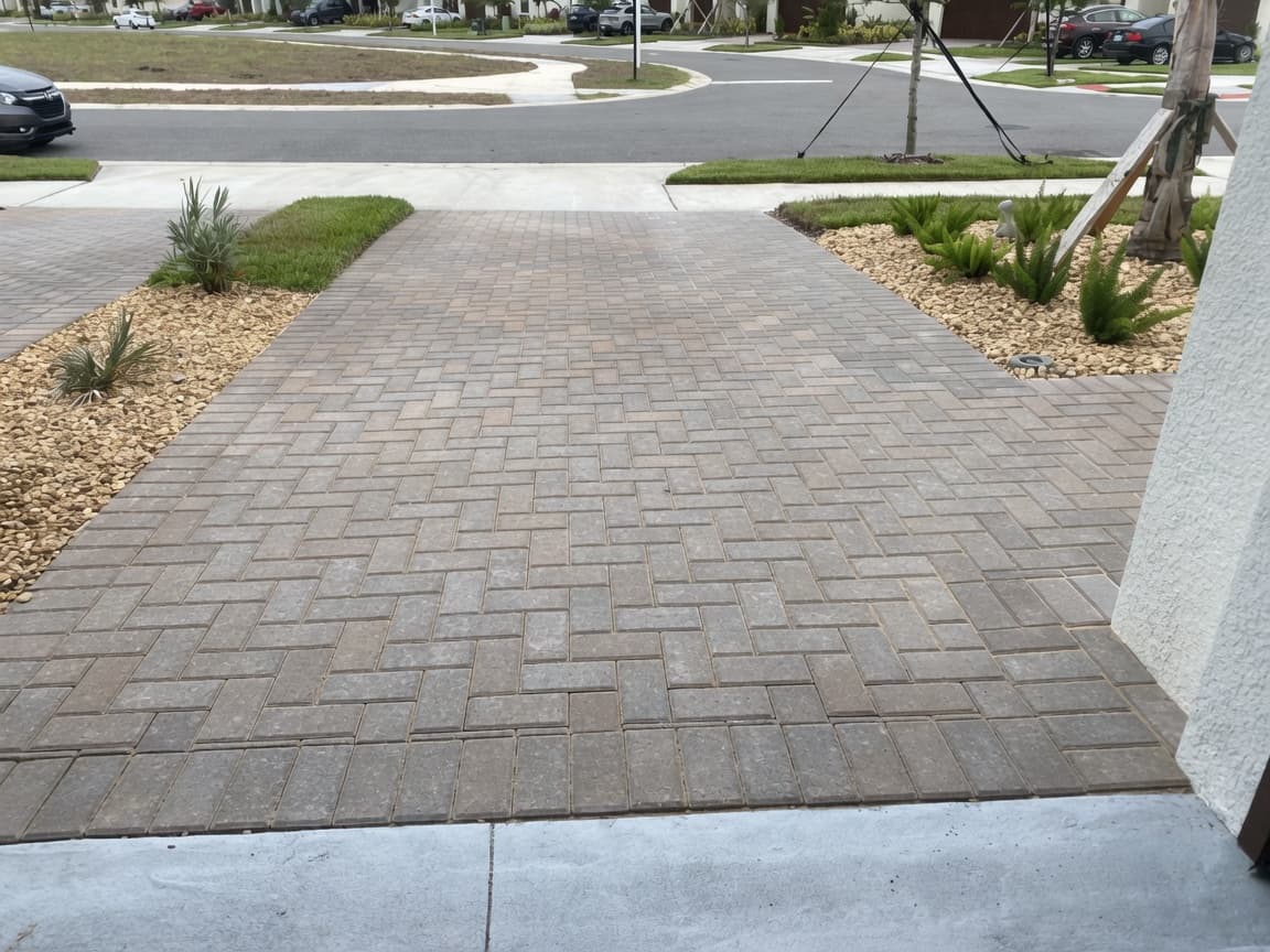 Driveway — street angle before modern paver sealing — dry matte multi-tone surface