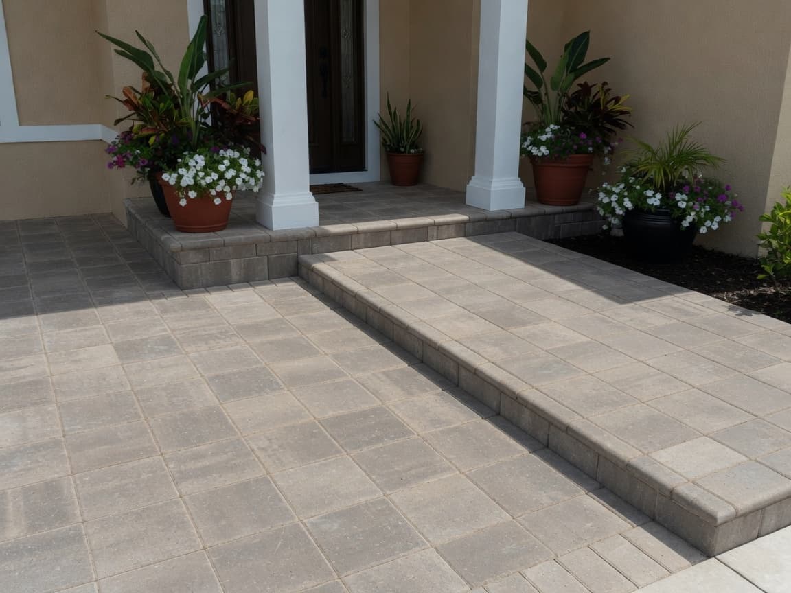 Entry walk & porch before modern paver sealing — dry matte multi-tone surface