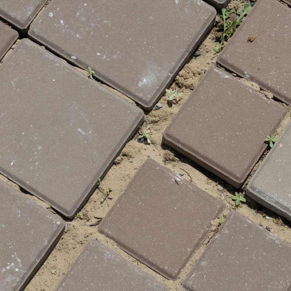 Joints close-up before modern paver sealing — dry matte multi-tone surface
