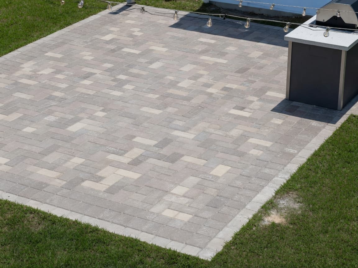 Backyard patio before modern paver sealing — dry matte multi-tone surface