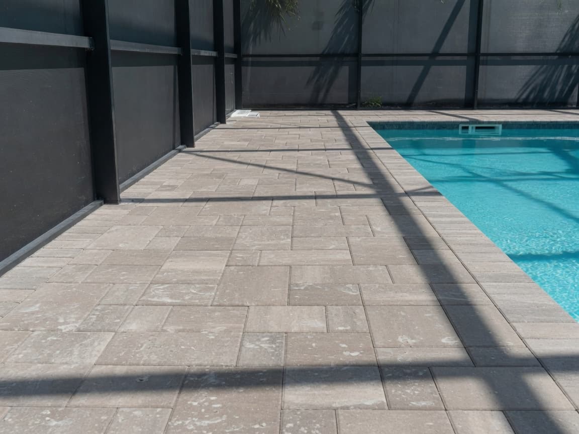 Pool cage deck before modern paver sealing — dry matte multi-tone surface