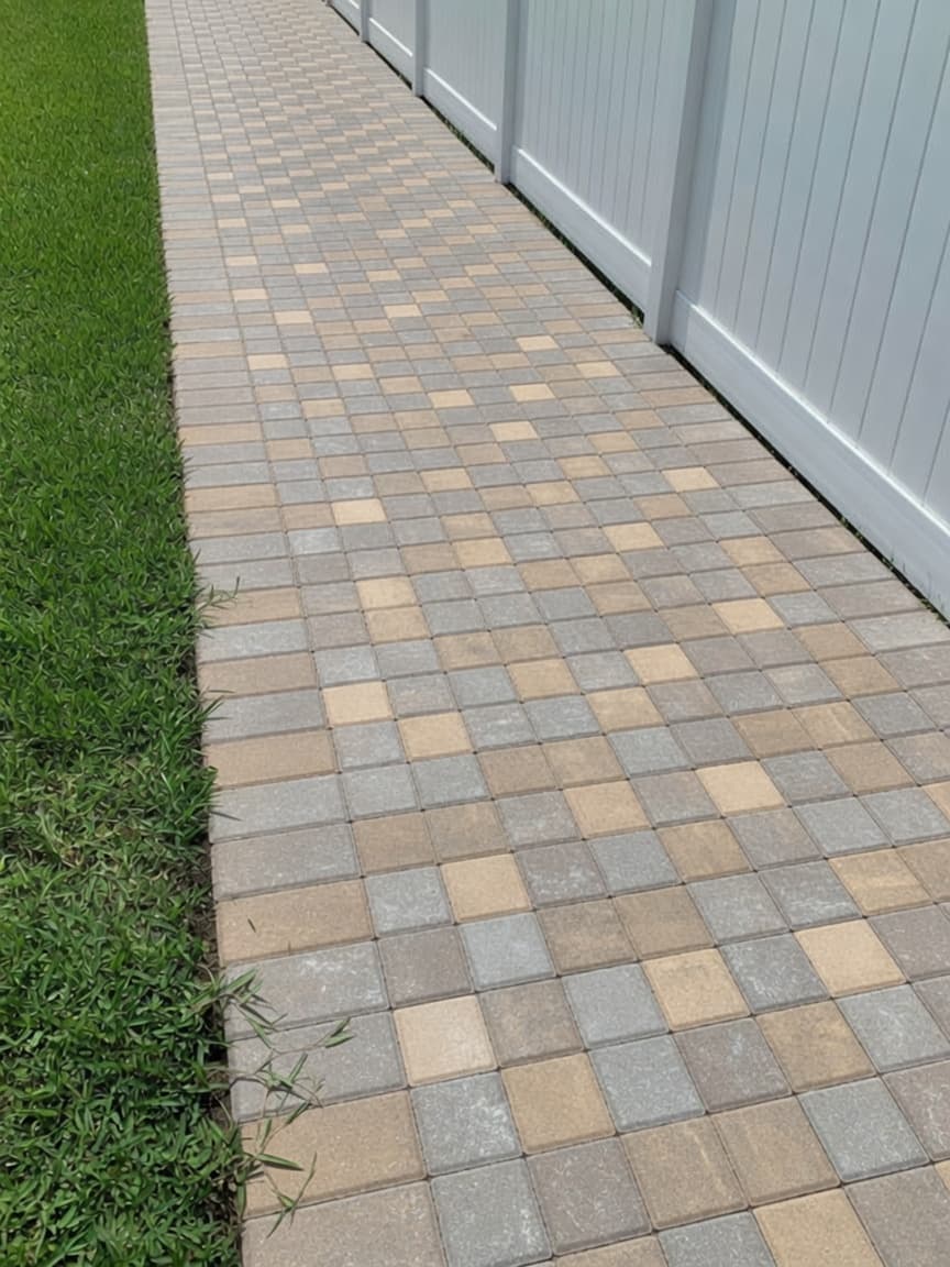 Side walkway before modern paver sealing — dry matte multi-tone surface