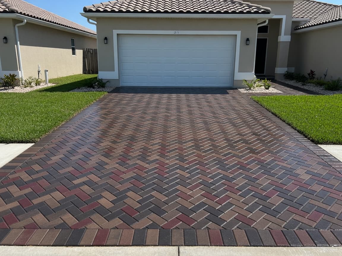 Driveway — front view after wet-look sealing — rich multi-tone color and soft sheen